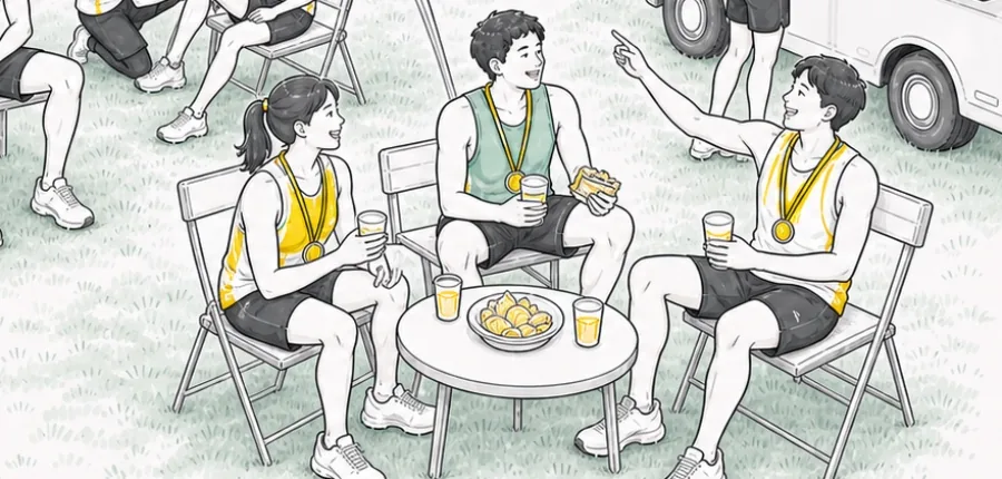 仲間とテーブルを囲んで、ドリンク片手にひと休みするランナーたち