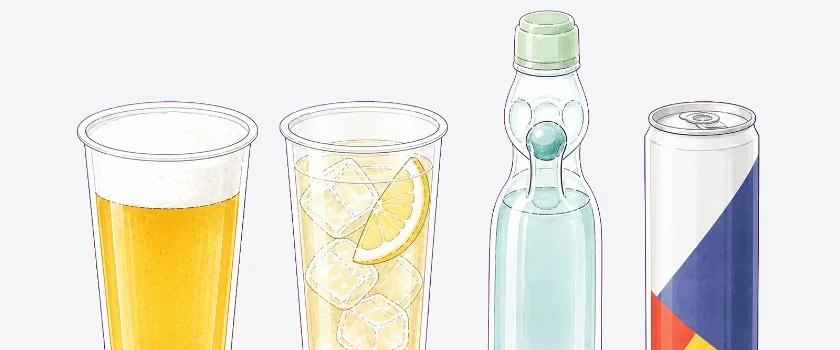 キッチンカーのドリンクイメージ:ビール・レモンサワー・ラムネ・缶ドリンク