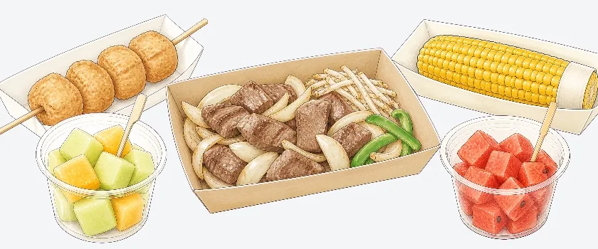 キッチンカーのフードイメージ:串もの・牛肉と野菜のプレート・とうもろこし・メロンとスイカのフルーツカップ
