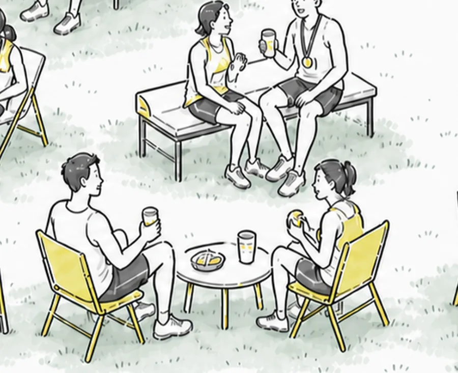 芝生のテーブルでドリンクを片手に乾杯するランナーたち
