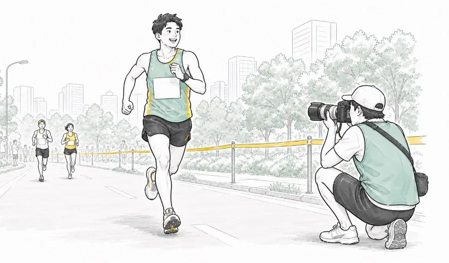 コース脇のカメラマンが、走るランナーを撮影しているイラスト