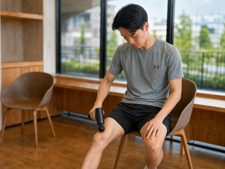椅子に座り、マッサージガンで脚をほぐすランナー
