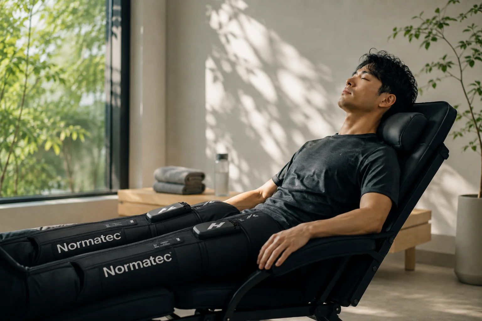 明るい室内でリカバリーチェアに身をあずけ、脚にコンプレッション機器を装着して目を閉じて休むランナー